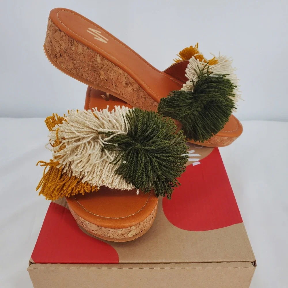 Silvia Cobos Mambo Fringe Wedge Sandals Green Multi Color Cork Platform 8.5 New